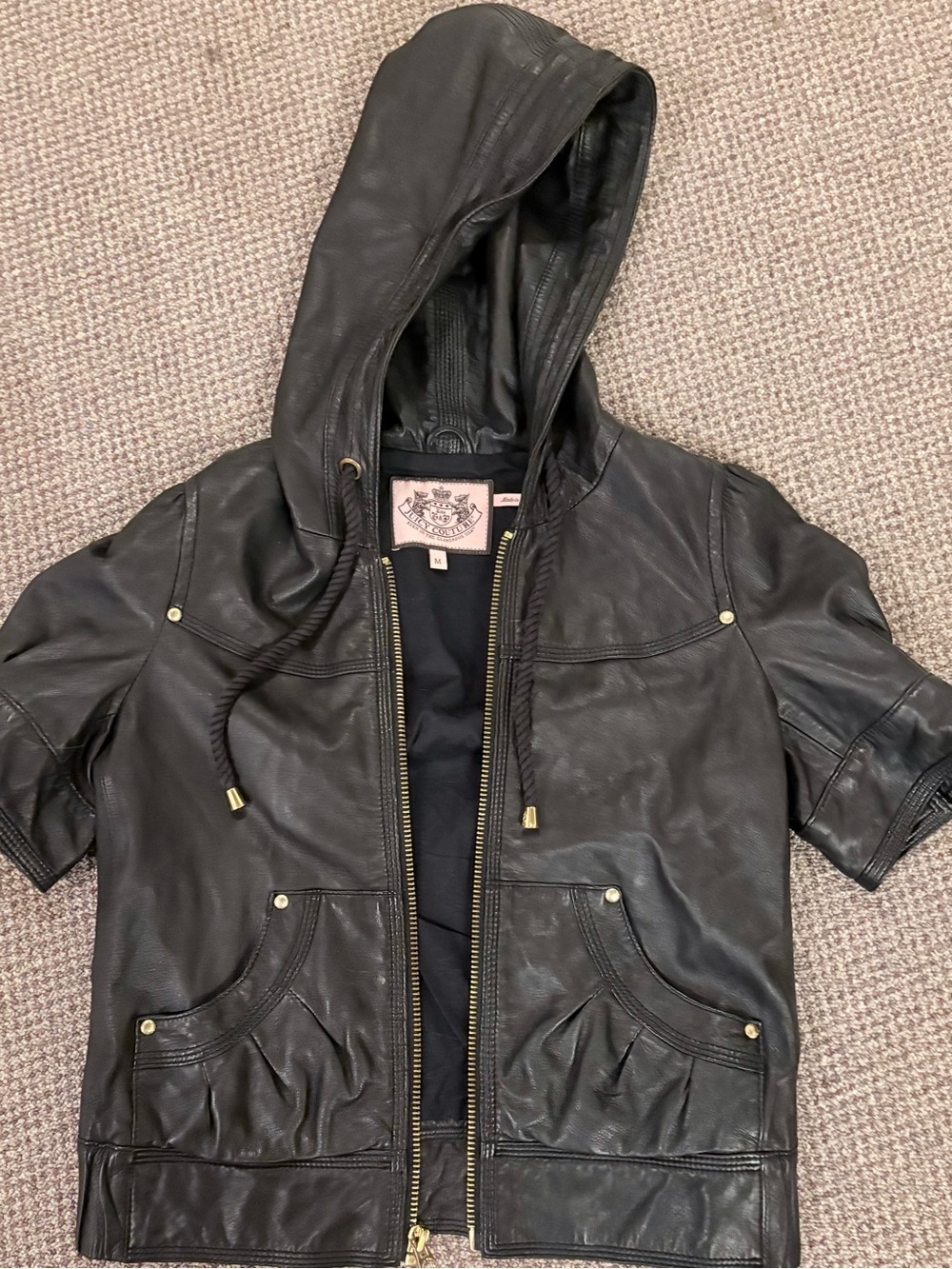 Black Hooded Juicy Couture Short-Sleeve Real Leather Jacket *Made Small